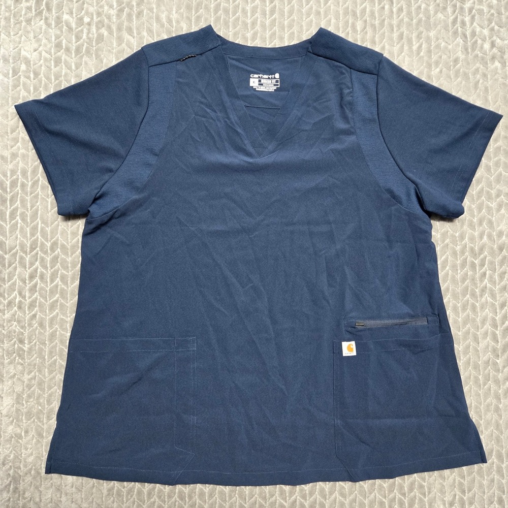 Carhartt Force Cross-Flex Modern Fit Women XL Navy Blue V-Neck Scrub Top C13210 - Picture 1 of 9